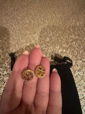 New Gold Round Tory Burch Logo Button Earrings - Women's Jewelry